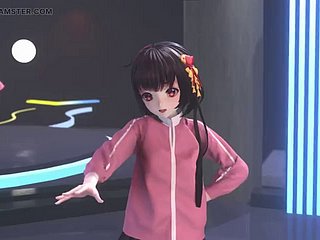 Nettes Mädchen, das im Ruffle und Strümpfe tanzt + schrittweise Ausziehen (3D Hentai)